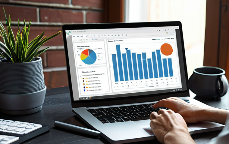 **A freelancer's workspace:** A focused data analyst working on a laptop with data visualization tools like Tableau and Power BI displayed on the screen. The workspace is organized, modern, and shows a blend of focus and creativity. Background elements subtly represent Big Data concepts.