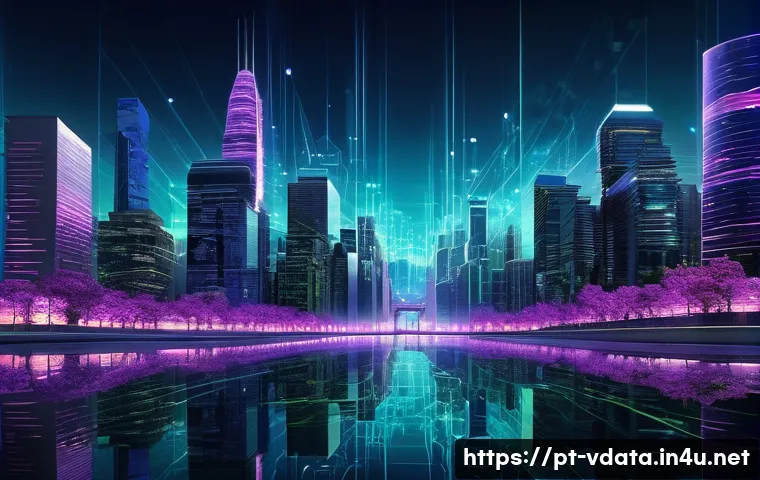 빅데이터 실무에서의 보안 및 데이터 보호 - **Prompt:** A breathtaking digital metropolis at dusk, built entirely from intricate, glowing data s...