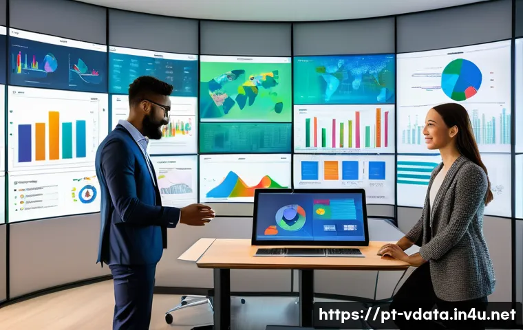 빅데이터 분석가와 AI 연구자의 협업 사례 - A modern corporate office scene showing a diverse team of data analysts and AI researchers collabora...
