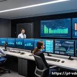 Home 18 빅데이터 프로젝트 진행 시 발생하는 문제 해결법 - A modern big data operations room with diverse professionals collaborating around large digital dash...