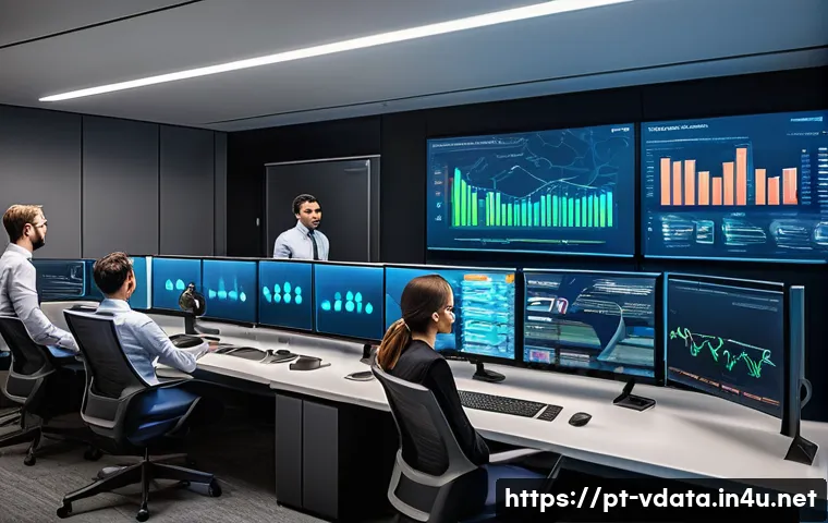 빅데이터 프로젝트 진행 시 발생하는 문제 해결법 - A modern big data operations room with diverse professionals collaborating around large digital dash...