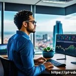 Home 17 빅데이터 분석가 자격증 종류 및 차이 - A professional Brazilian data scientist working at a sleek modern office, surrounded by multiple mon...