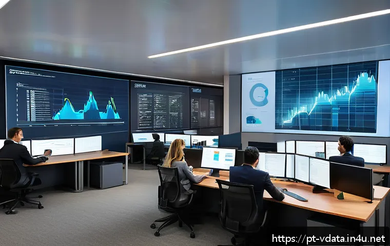 빅데이터 분석가가 알아야 할 법적 규제 - A modern corporate office environment showing a diverse team of data analysts working collaborativel...