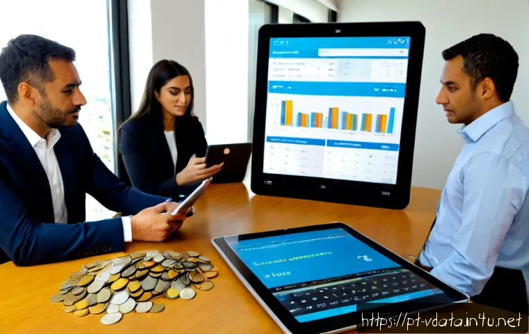Home 17 빅데이터 분석 프로젝트의 ROI 계산 방법 - Photorealistic business scene in a modern Lisbon office, diverse Portuguese analytics team reviewing...
